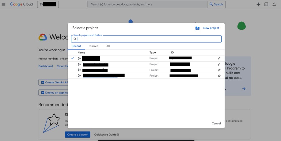 Google Cloud Console project selector dropdown — click to create or switch projects