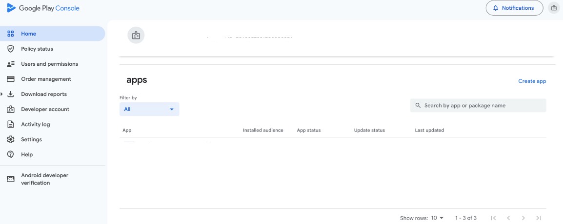 Google Play Console main dashboard showing the list of published Android apps